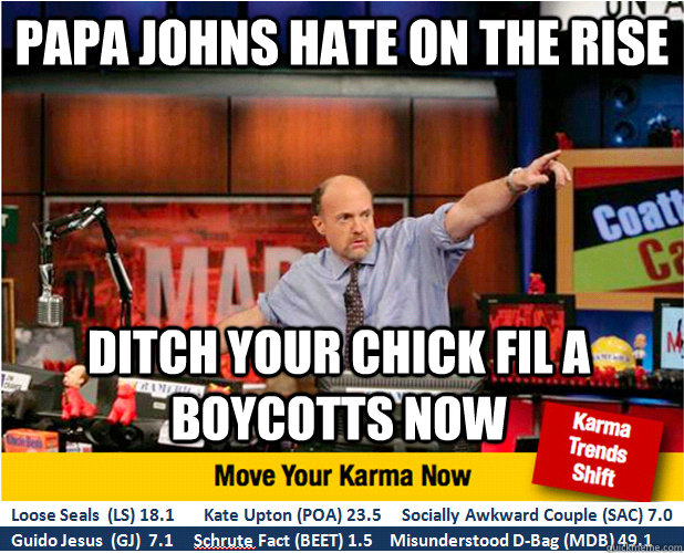 Papa Johns hate On the rise ditch your chick fil a boycotts now  Jim Kramer with updated ticker