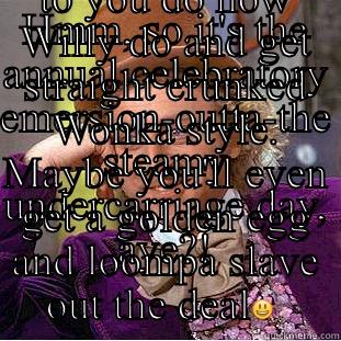 HMM, SO IT'S THE ANNUAL CELEBRATORY EMERSION-OUTTA-THE STEAMY UNDERCARRIAGE DAY, AYE?! OH, WELL HOLLY, THEN I SUGGEST TO YOU DO HOW WILLY DO AND GET STRAIGHT CRUNKED WONKA STYLE. MAYBE YOU'LL EVEN GET A GOLDEN EGG AND LOOMPA SLAVE OUT THE DEAL Condescending Wonka