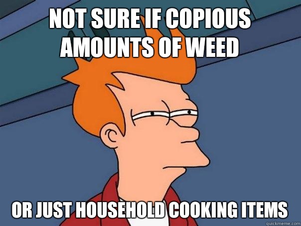 Not sure if copious amounts of weed Or just household cooking items  Futurama Fry