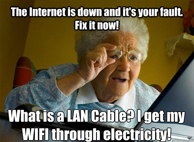 The Internet is down and it's your fault. Fix it now! What is a LAN Cable? I get my WIFI through electricity!   - The Internet is down and it's your fault. Fix it now! What is a LAN Cable? I get my WIFI through electricity!    Grandma finds the Internet