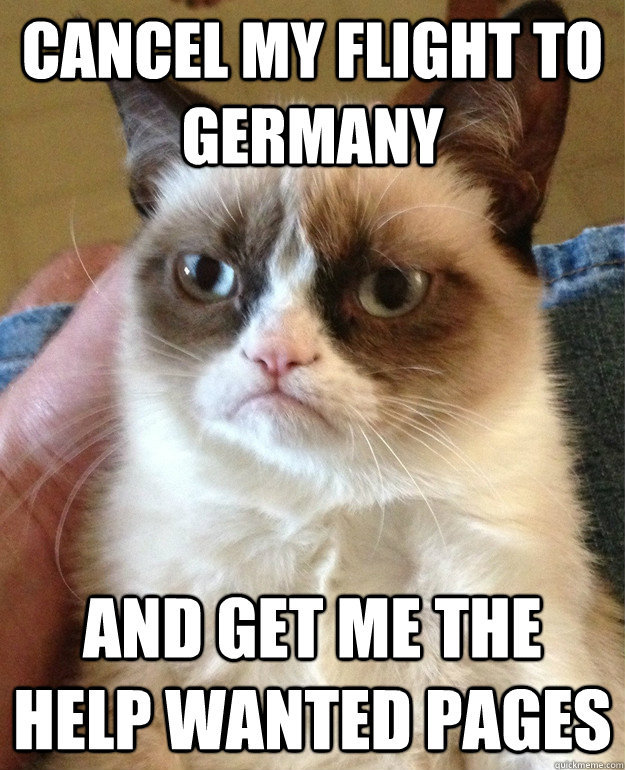 cancel my flight to Germany and get me the help wanted pages  Grumpy Cat