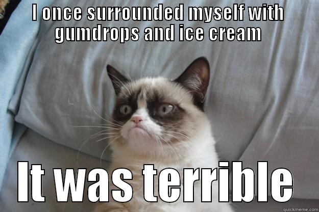 Gumdrops and ice cream - I ONCE SURROUNDED MYSELF WITH GUMDROPS AND ICE CREAM IT WAS TERRIBLE Grumpy Cat