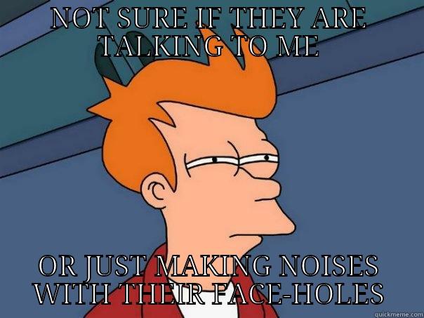 NOT SURE IF THEY ARE TALKING TO ME OR JUST MAKING NOISES WITH THEIR FACE-HOLES Futurama Fry