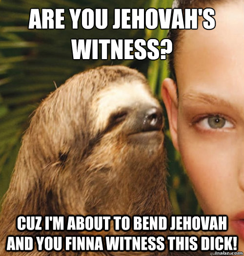 Are you Jehovah's Witness?
 Cuz I'm about to bend Jehovah and you finna witness this dick!  rape sloth