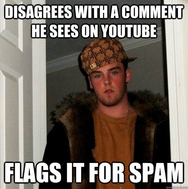 Disagrees with a comment he sees on youtube Flags it for spam  Scumbag Steve