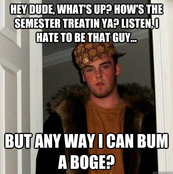 hey dude, what's up? HOW'S THE SEMESTER TREATIN YA? lISTEN, I hate to be that guy... but any way i can bum a boge?  Scumbag Steve