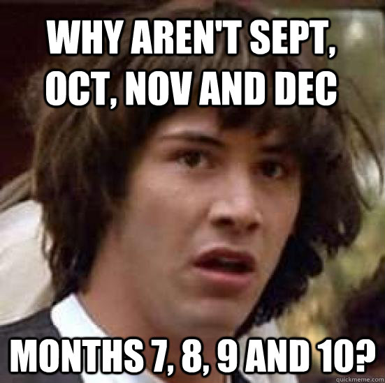 why aren't sept, oct, nov and dec months 7, 8, 9 and 10?  conspiracy keanu