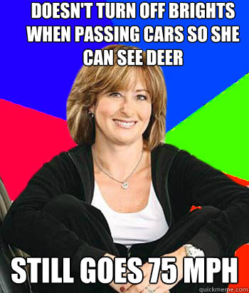 doesn't turn off brights when passing cars so she can see deer still goes 75 mph  Sheltering Suburban Mom