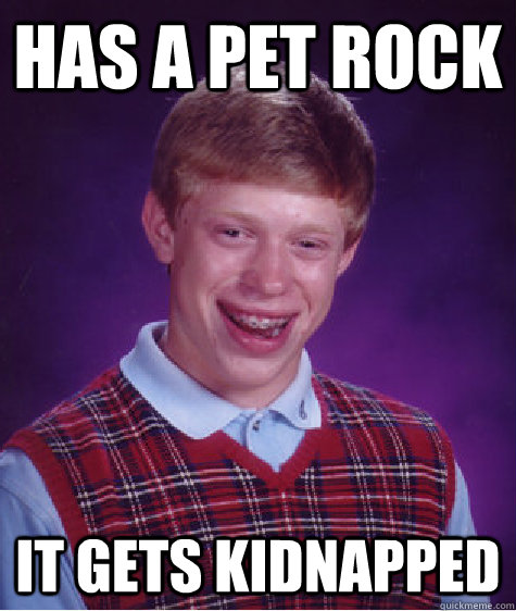 Has a Pet rock it gets kidnapped  Bad Luck Brian