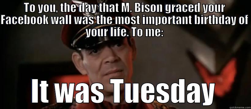 M. Bison's Tuesday - TO YOU, THE DAY THAT M. BISON GRACED YOUR FACEBOOK WALL WAS THE MOST IMPORTANT BIRTHDAY OF YOUR LIFE. TO ME: IT WAS TUESDAY Misc