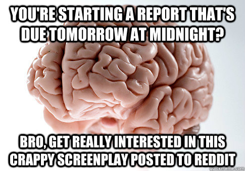 you're starting a report that's due tomorrow at midnight?  Bro, get really interested in this crappy screenplay posted to reddit - you're starting a report that's due tomorrow at midnight?  Bro, get really interested in this crappy screenplay posted to reddit  Scumbag Brain