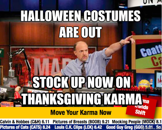 Halloween costumes 
are out stock up now on Thanksgiving karma - Halloween costumes 
are out stock up now on Thanksgiving karma  Mad Karma with Jim Cramer