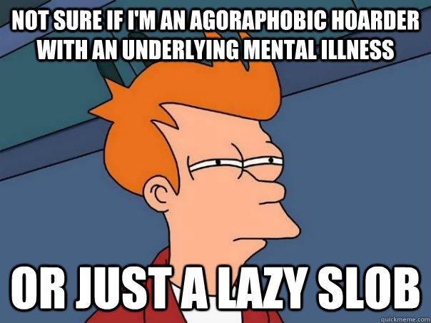 not sure if i'm an agoraphobic hoarder with an underlying mental illness or just a lazy slob  Futurama Fry