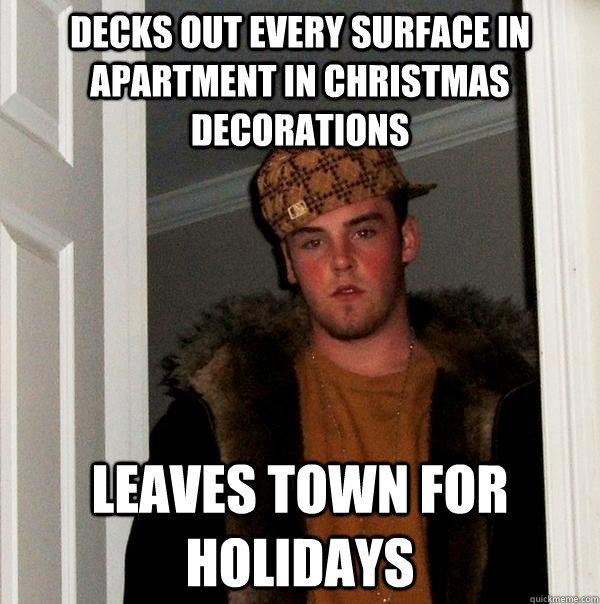 Decks out every surface in apartment in Christmas decorations Leaves town for holidays  Scumbag Steve