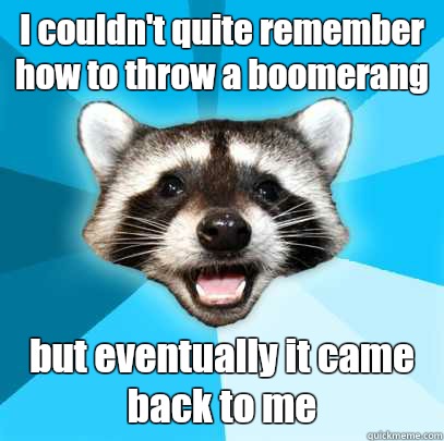 I couldn't quite remember how to throw a boomerang but eventually it came back to me - I couldn't quite remember how to throw a boomerang but eventually it came back to me  Lame Pun Coon