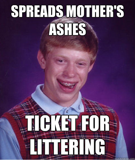 Spreads mother's ashes  ticket for littering   Bad Luck Brian