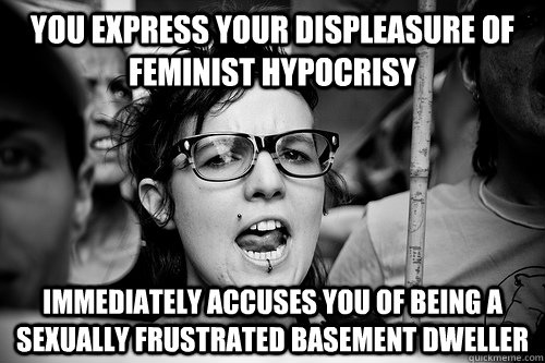 you express your displeasure of feminist hypocrisy immediately accuses you of being a sexually frustrated basement dweller  Hypocrite Feminist