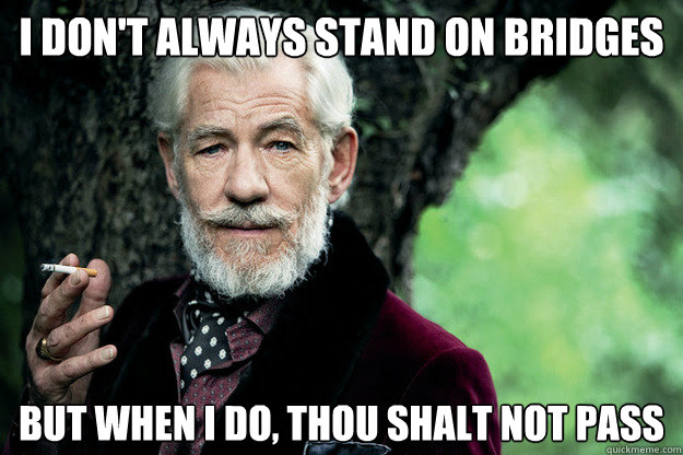 i don't always stand on bridges but when i do, Thou shalt not pass - i don't always stand on bridges but when i do, Thou shalt not pass  Most Interesting Gandalf