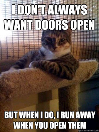 I don't always want doors open but when I do, I run away when you open them  The Most Interesting Cat in the World