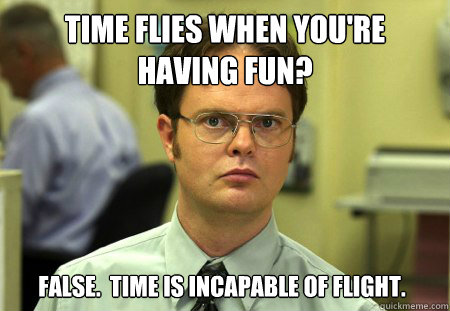 time flies when you're having fun? false.  time is incapable of flight.   Dwight