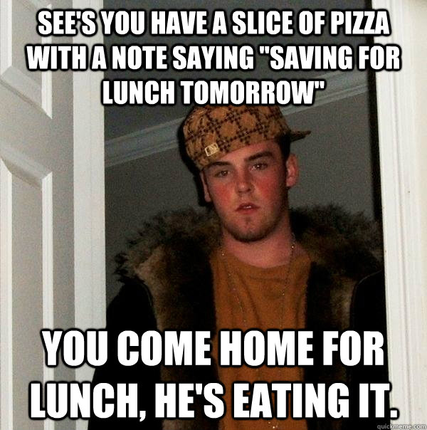 see's you have a slice of pizza with a note saying 