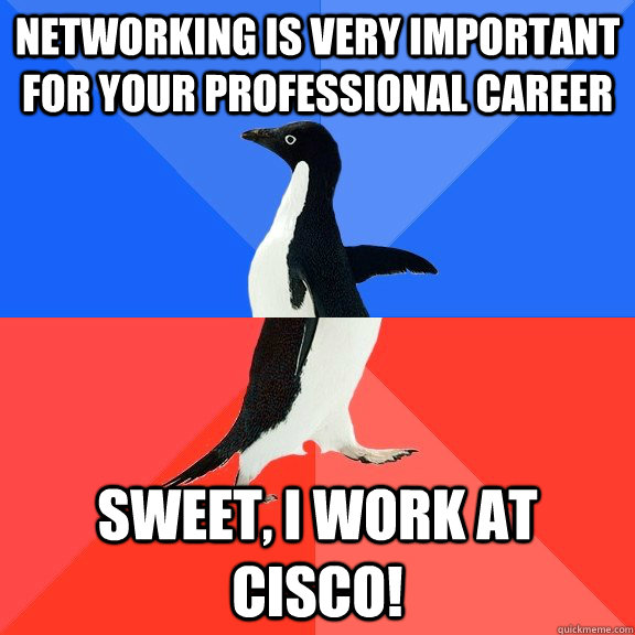 Networking is very important for your professional career Sweet, I work at Cisco!  Socially Awkward Awesome Penguin