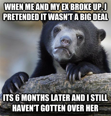 When me and my ex broke up, I pretended it wasn't a big deal its 6 months later and I still haven't gotten over her  Confession Bear