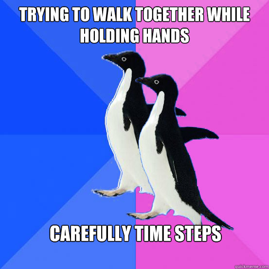 Trying to walk together while holding hands Carefully time Steps  Socially Awkward Couple