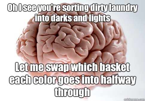 Oh I see you're sorting dirty laundry into darks and lights Let me swap which basket each color goes into halfway through   Scumbag Brain