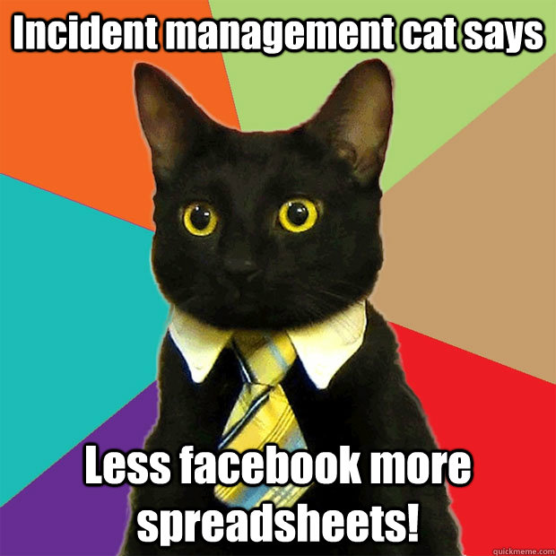 Incident management cat says Less facebook more spreadsheets!  Business Cat