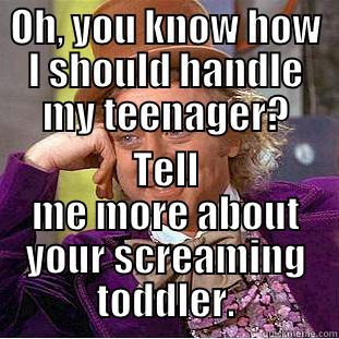 OH, YOU KNOW HOW I SHOULD HANDLE MY TEENAGER? TELL ME MORE ABOUT YOUR SCREAMING TODDLER. Condescending Wonka