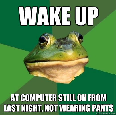 Wake up At computer still on from last night, not wearing pants  Foul Bachelor Frog