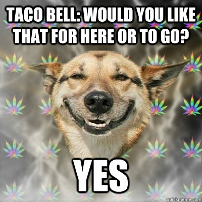 Taco Bell: Would you like that for here or to go? Yes  Stoner Dog