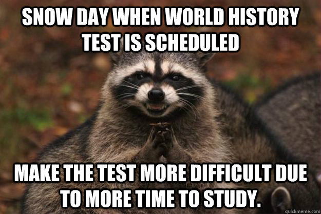 Snow day when world history test is scheduled Make the test more difficult due to more time to study.  Evil Plotting Raccoon