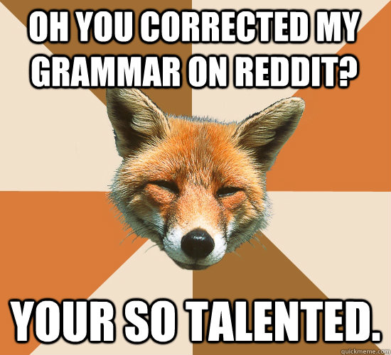 Oh you corrected my grammar on reddit? Your so talented.  Condescending Fox