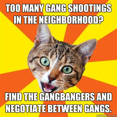 Too many gang shootings in the neighborhood? Find the gangbangers and negotiate between gangs.  