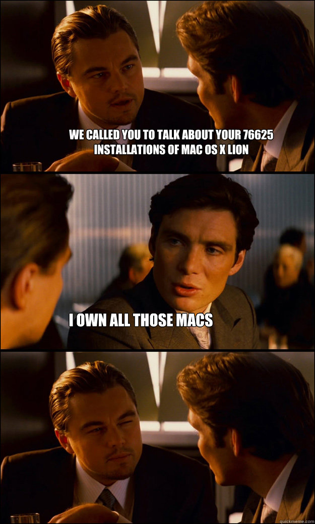 We called you to talk about your 76625
installations of mac os x lion i own all those macs  Inception