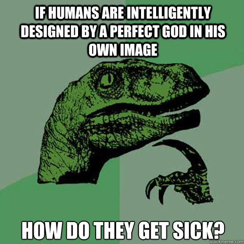 If humans are intelligently designed by a perfect god in his own image How do they get sick? - If humans are intelligently designed by a perfect god in his own image How do they get sick?  Philosoraptor