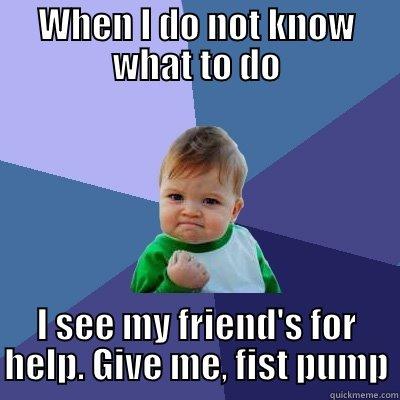 WHEN I DO NOT KNOW WHAT TO DO I SEE MY FRIEND'S FOR HELP. GIVE ME, FIST PUMP Success Kid