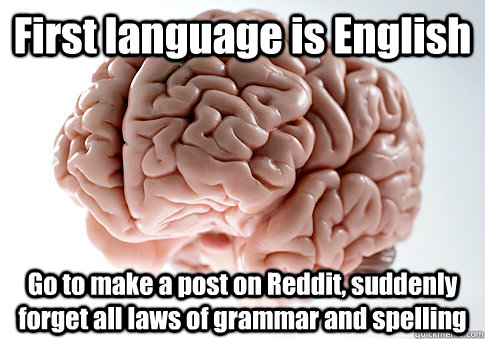 First language is English Go to make a post on Reddit, suddenly forget all laws of grammar and spelling  - First language is English Go to make a post on Reddit, suddenly forget all laws of grammar and spelling   Scumbag Brain