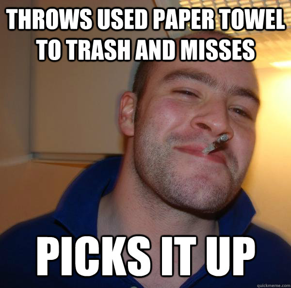 THROWS used paper towel to trash and misses picks it up - THROWS used paper towel to trash and misses picks it up  Misc