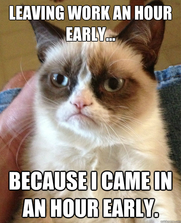 Leaving work an hour early... Because I came in an hour early.  Grumpy Cat