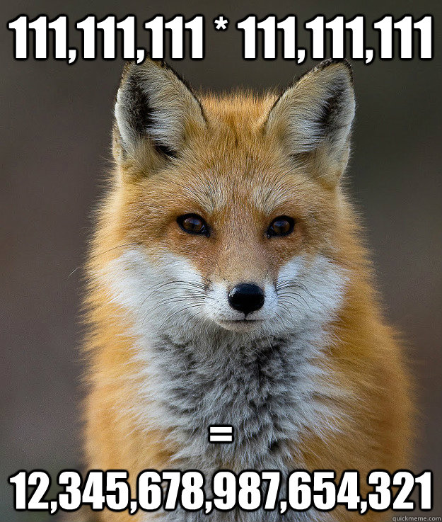 111,111,111 * 111,111,111 = 12,345,678,987,654,321  Fun Fact Fox