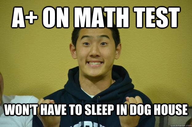 A+ on Math Test Won't have to sleep in dog house  Overly Excited Asian