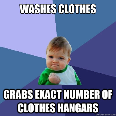 washes clothes grabs exact number of clothes hangars  Success Kid