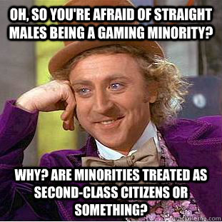 Oh, so you're afraid of straight males being a gaming minority? Why? Are minorities treated as second-class citizens or something?  Condescending Wonka