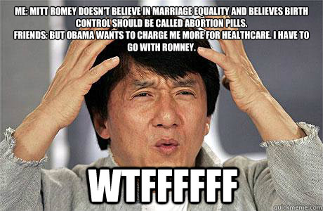 Me: Mitt Romey doesn't believe in marriage equality and believes birth control should be called abortion pills.
Friends: But Obama wants to charge me more for healthcare. I have to go with Romney. WTFFFFFF - Me: Mitt Romey doesn't believe in marriage equality and believes birth control should be called abortion pills.
Friends: But Obama wants to charge me more for healthcare. I have to go with Romney. WTFFFFFF  EPIC JACKIE CHAN