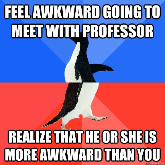 Feel awkward going to meet with professor realize that he or she is more awkward than you  Socially Awkward Awesome Penguin