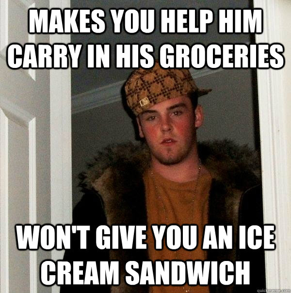 makes you help him carry in his groceries won't give you an ice cream sandwich  Scumbag Steve