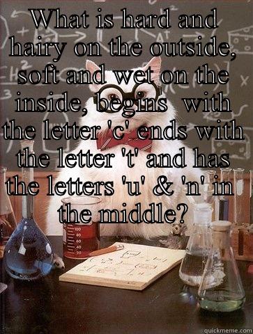 WHAT IS HARD AND HAIRY ON THE OUTSIDE, SOFT AND WET ON THE INSIDE, BEGINS  WITH THE LETTER 'C' ENDS WITH THE LETTER 'T' AND HAS THE LETTERS 'U' & 'N' IN  THE MIDDLE?  Chemistry Cat